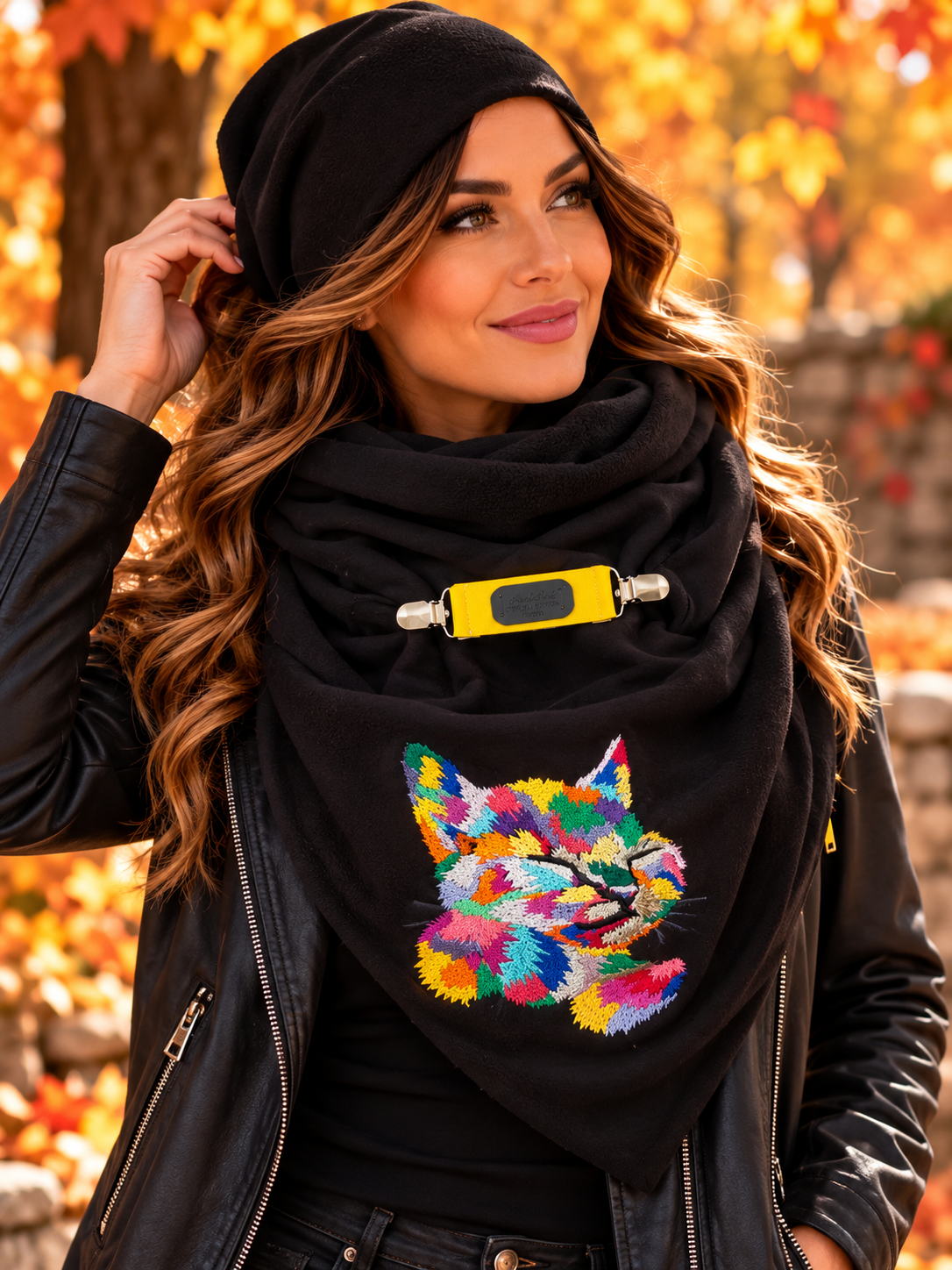 HANDMADE MAXI VYŠÍVANÝ ŠÁTEK BAREVNÁ KOČIČKA