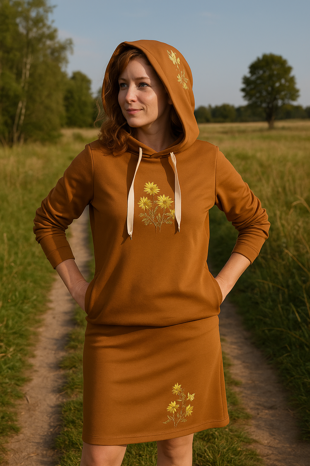 DÁMSKÁ VYŠÍVANÁ HANDMADE MEDOVÁ MIKINA ZLATÉ KVĚTY VEL.44 - 46 / XXL