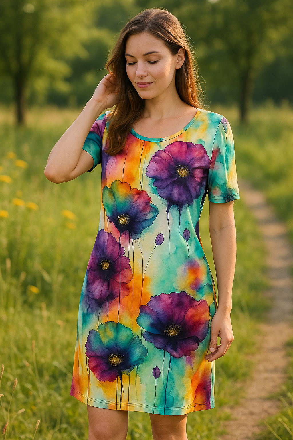 HANDMADE ÚPLETOVÉ ŠATY MALOVANÉ KVĚTY VEL.44-46 / XXL