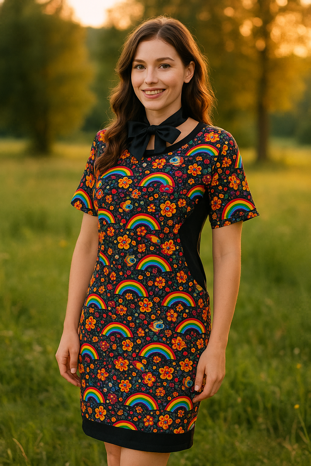 HANDMADE ÚPLETOVÉ ŠATY VYŠÍVANÉ DUHOVÉ KVĚTY VEL.48 - 50 / XXXL