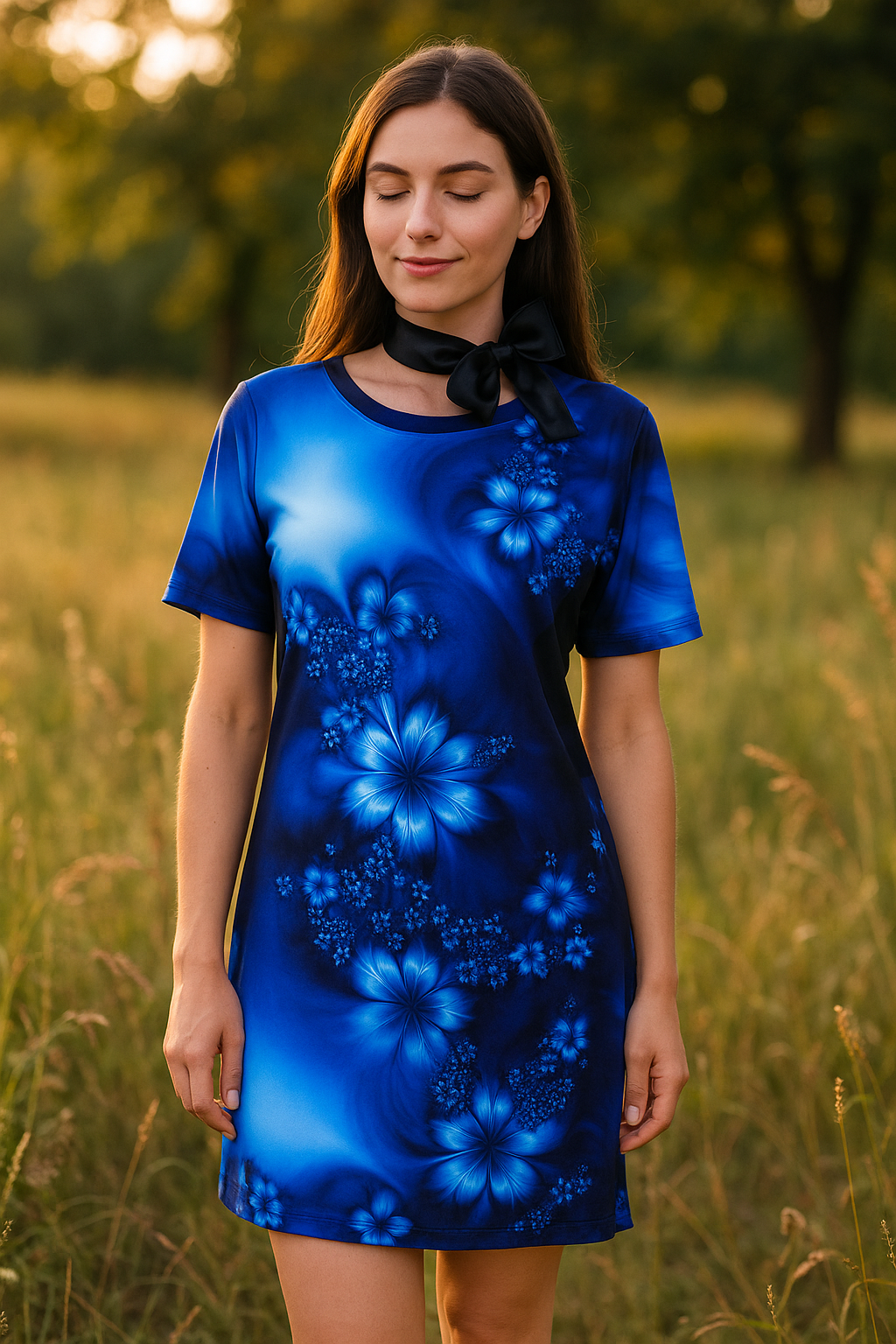 HANDMADE MIKINOVÉ ŠATY MODRÉ KVĚTY VEL.50-52 / XXXXL