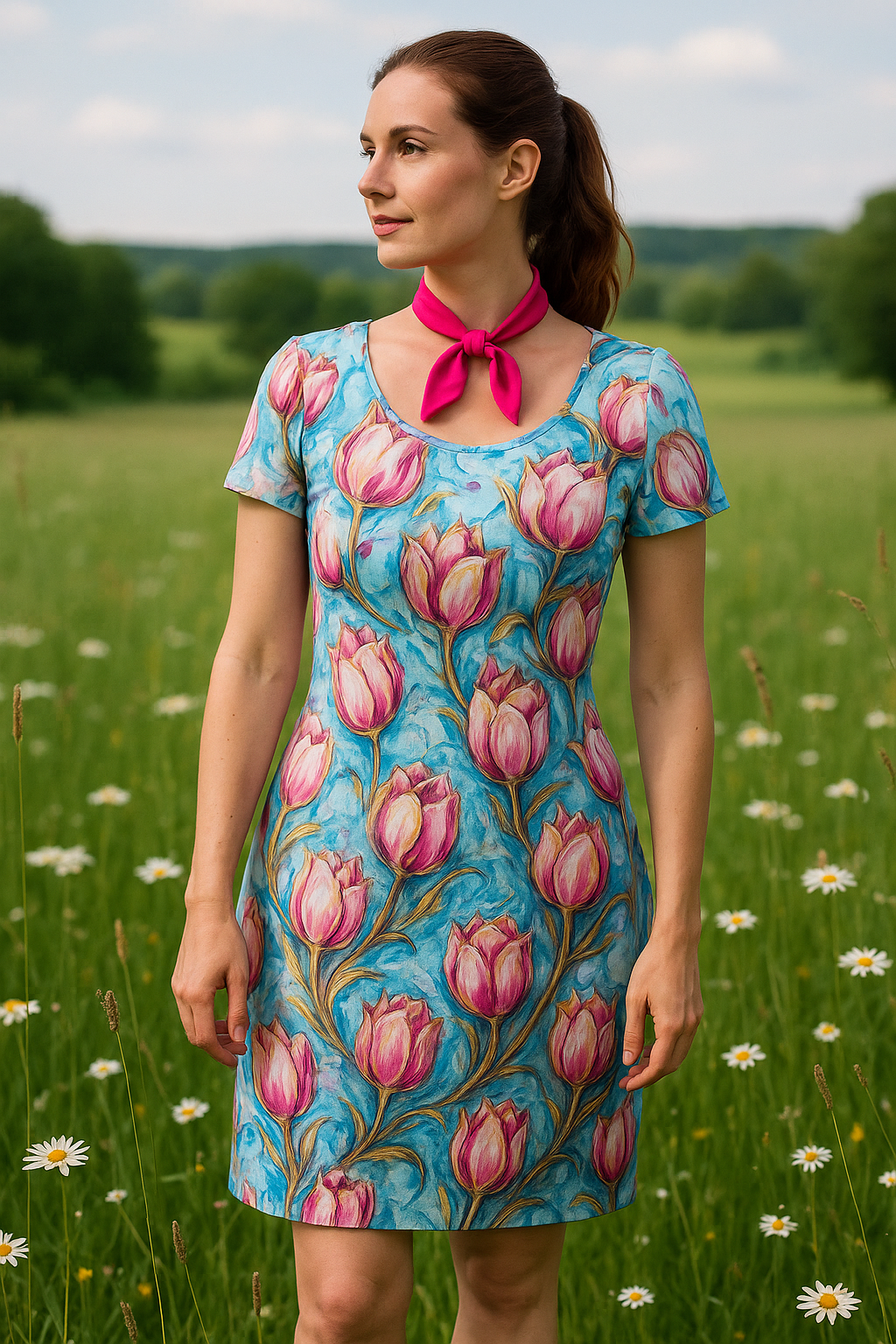 HANDMADE ÚPLETOVÉ ŠATY TULIPÁNY VEL.38-40