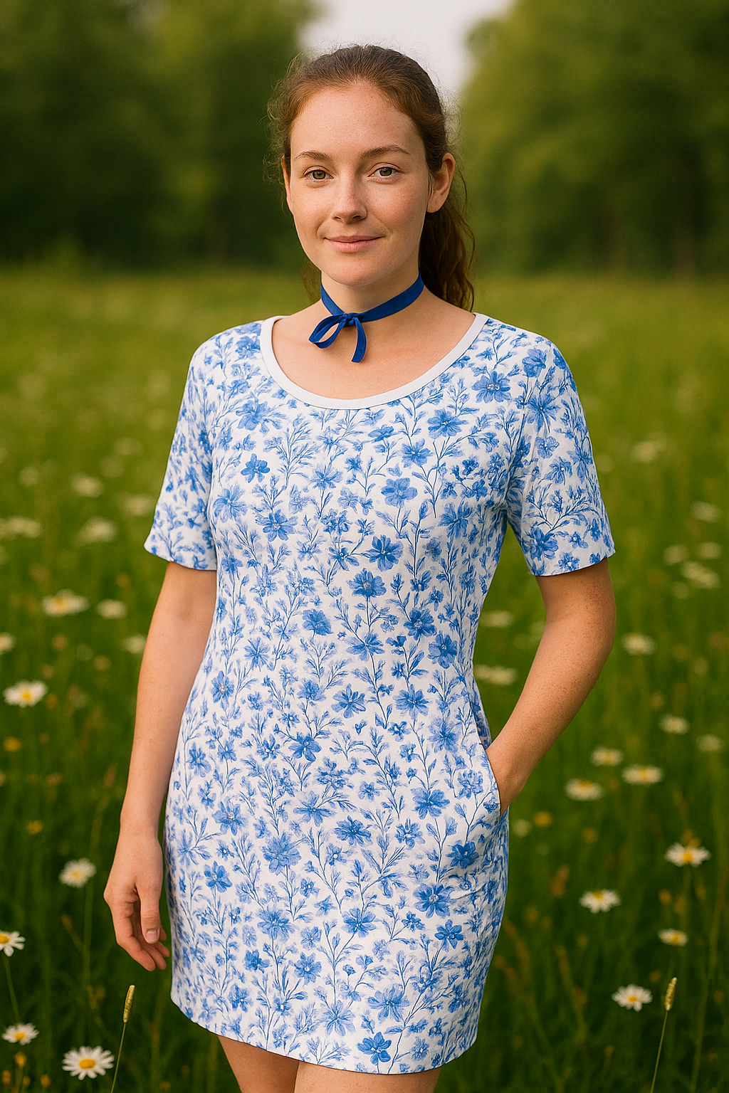 HANDMADE ÚPLETOVÉ ŠATY MODRÉ KVÍTÍ VEL.40-42