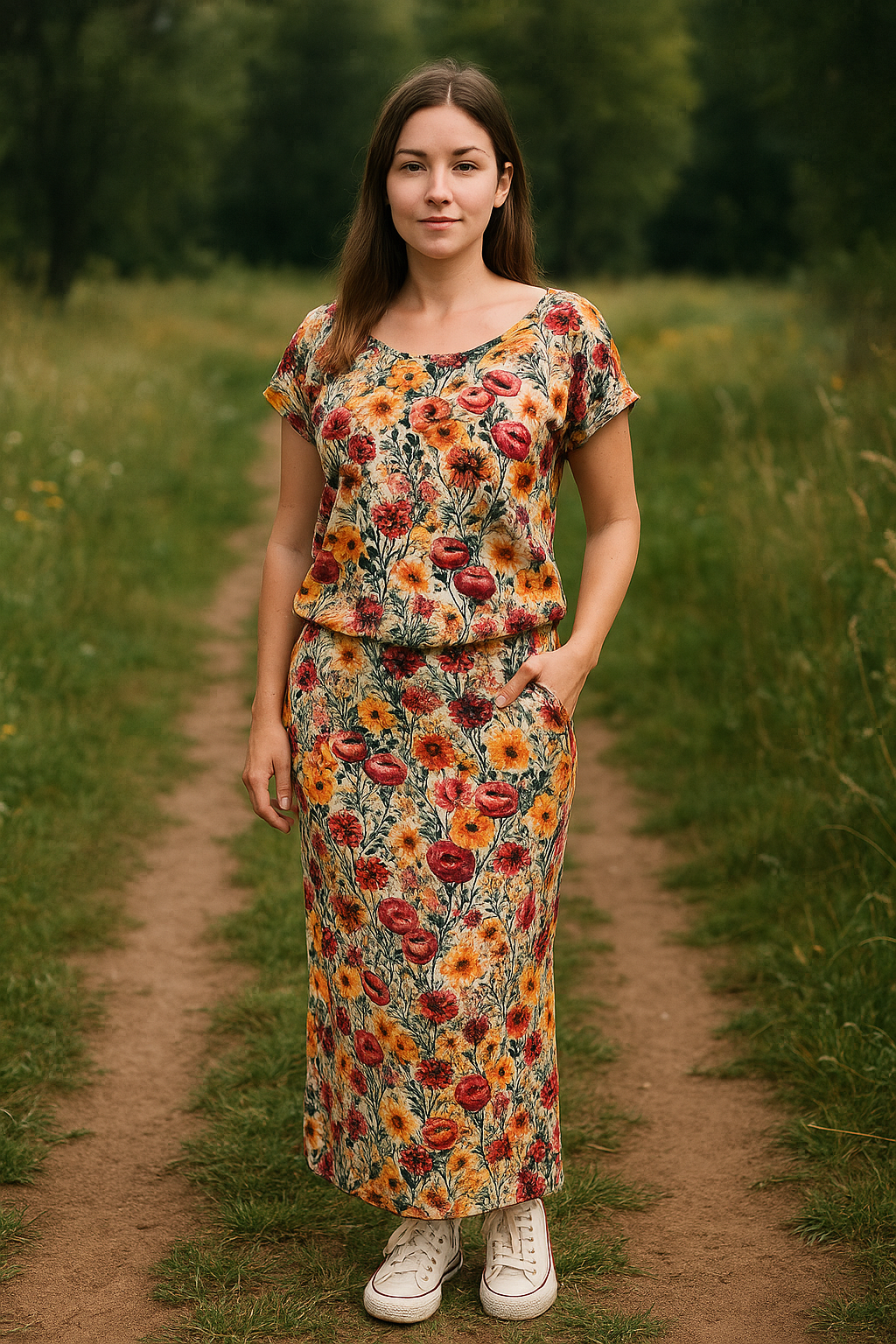 HANDMADE ÚPLETOVÉ DLOUHÉ ŠATY VYŠÍVANÉ KVĚTY VEL.40-42