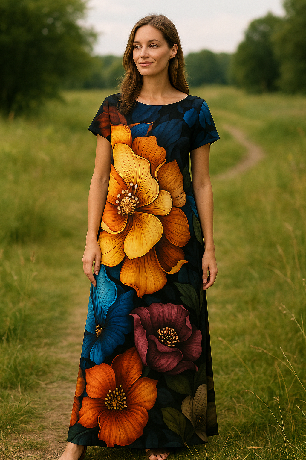 HANDMADE ÚPLETOVÉ DLOUHÉ ŠATY VELKÉ KVĚTY VEL.44-46 / XXL