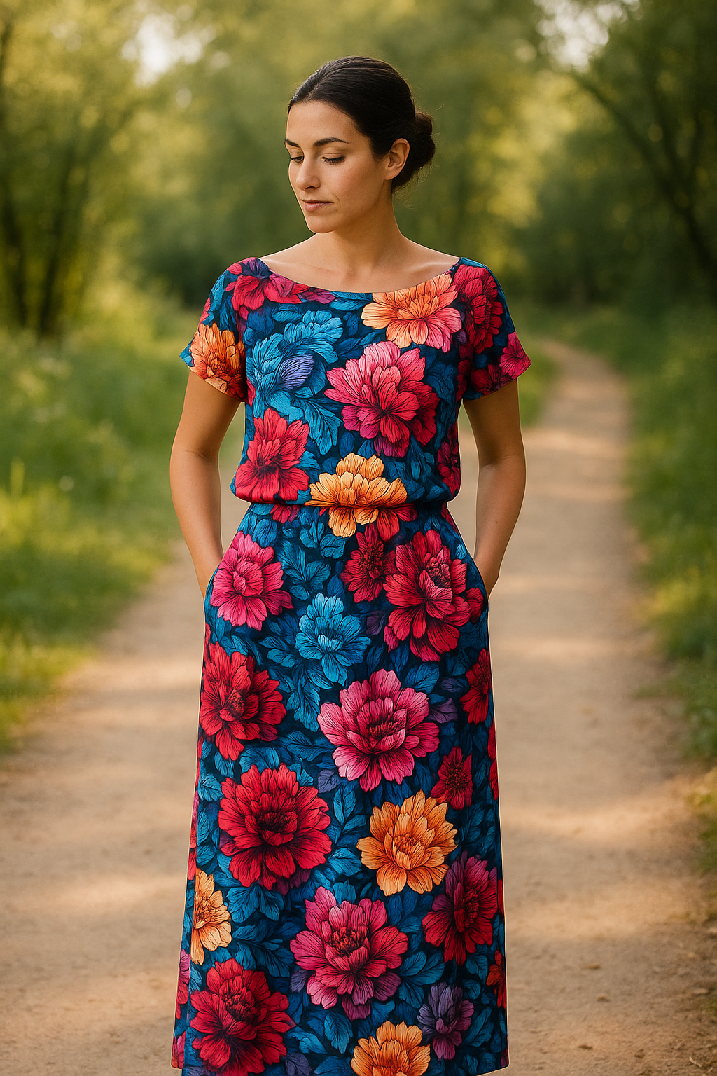 HANDMADE ÚPLETOVÉ DLOUHÉ ŠATY BAREVNÉ KVĚTY VEL44-46 / XXL
