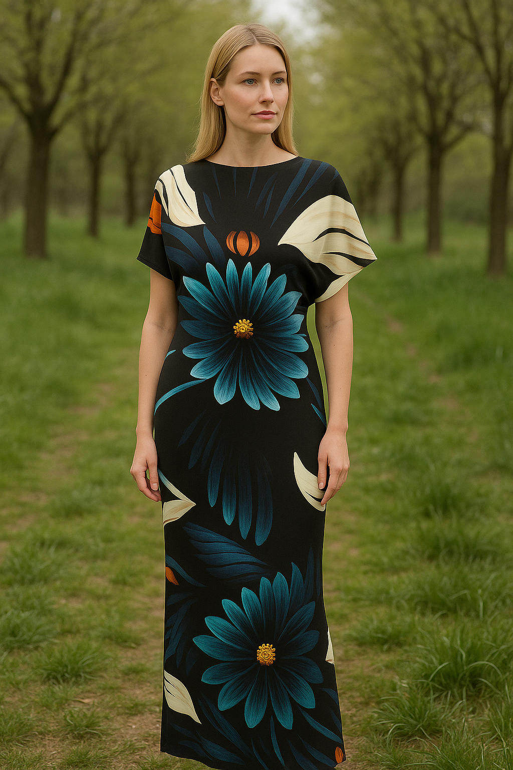 HANDMADE ÚPLETOVÉ DLOUHÉ ŠATY VELKÉ KVĚTY VEL.48-50 /XXXL