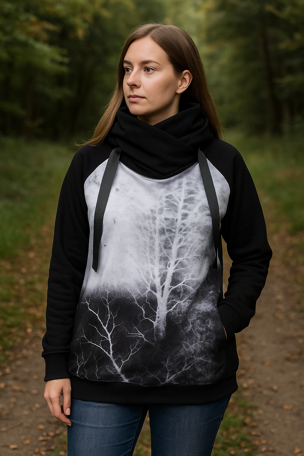 DÁMSKÁ HANDMADE MIKINA ČERNOBÍLÝ  LES VEL.50-52 