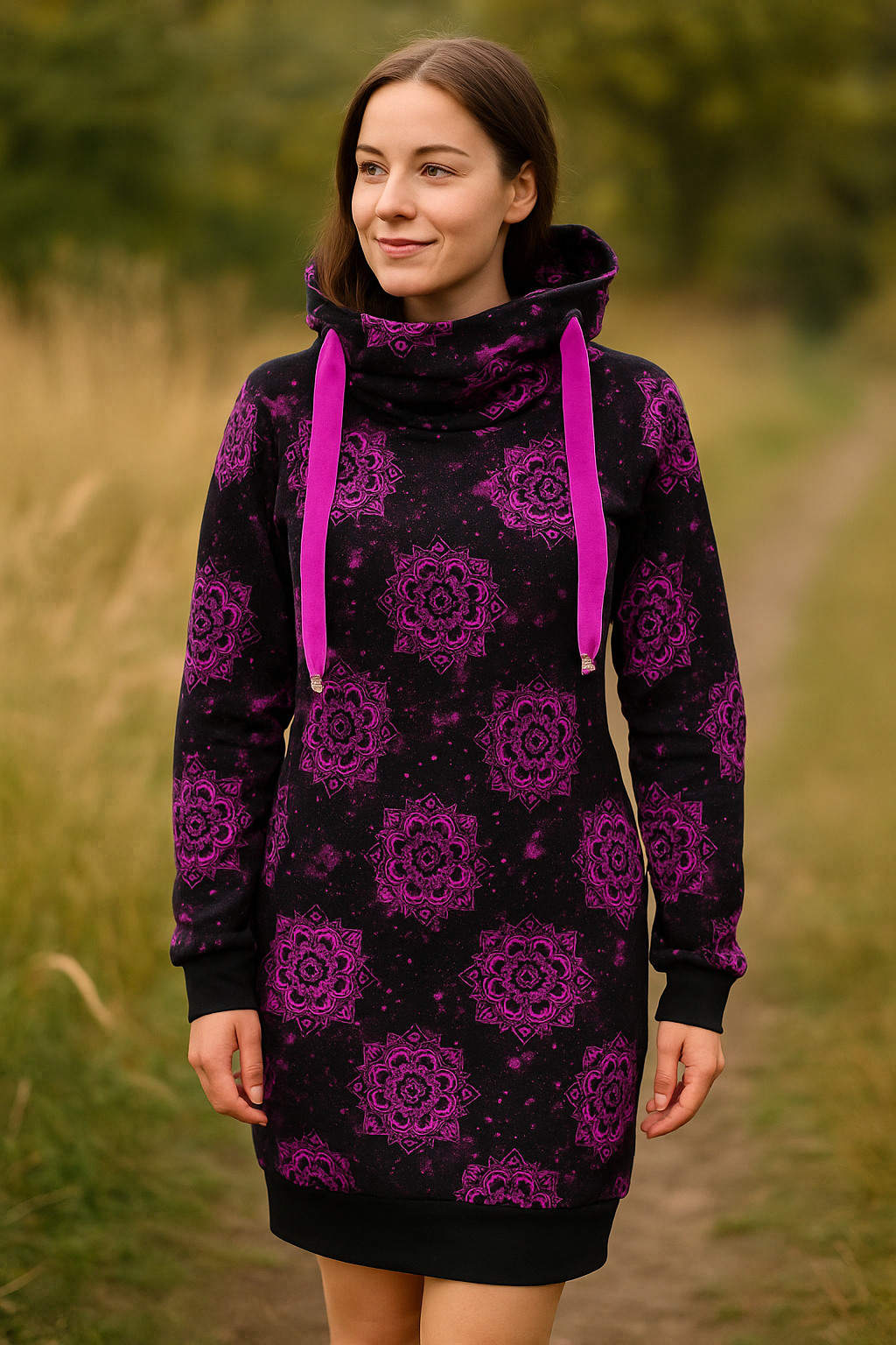 DÁMSKÉ HANDMADE MIKINOVÉ ŠATY RŮŽOVÉ MANDALY VEL.50-52