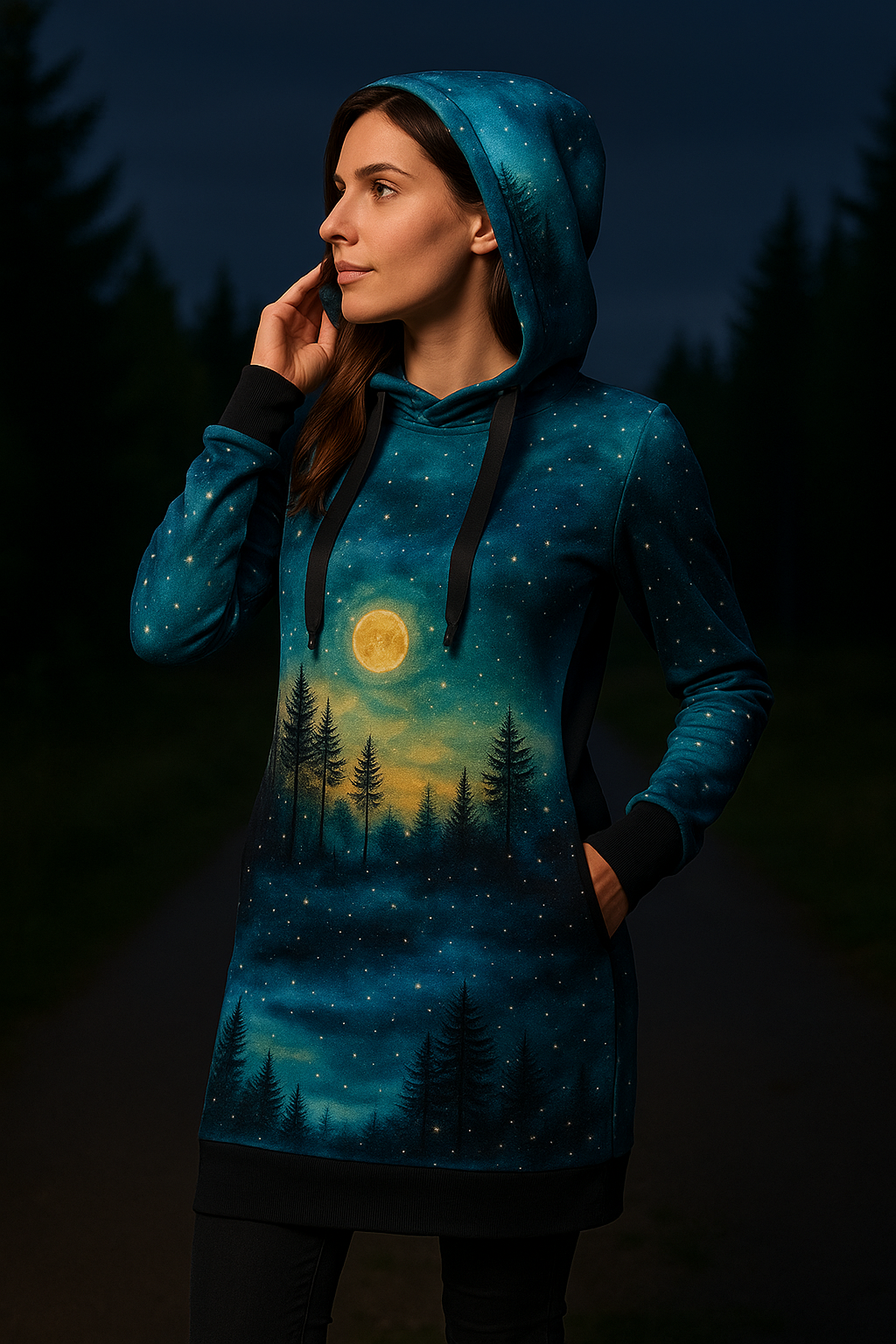 DÁMSKÉ HANDMADE MIKINOVÉ ŠATY NOČNÍ KRAJINA VEL.48-50
