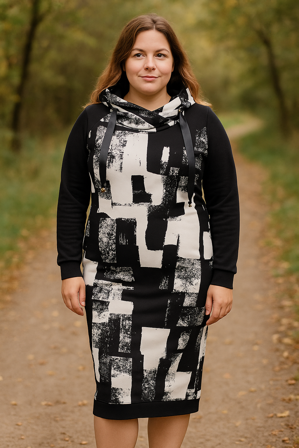 DÁMSKÉ HANDMADE MIKINOVÉ ŠATY ČERNOBÍLÝ ABSTRAKT VEL.48-50