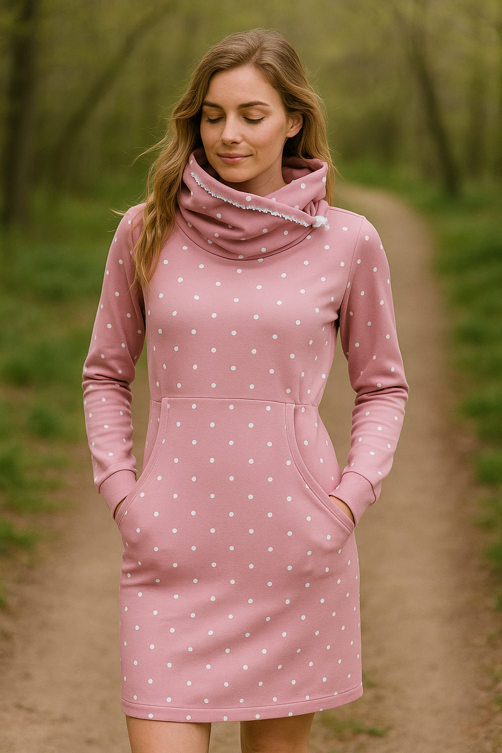 DÁMSKÉ HANDMADE MIKINOVÉ ŠATY PIN UP PUDROVÝ PUNTÍK VEL.40-42