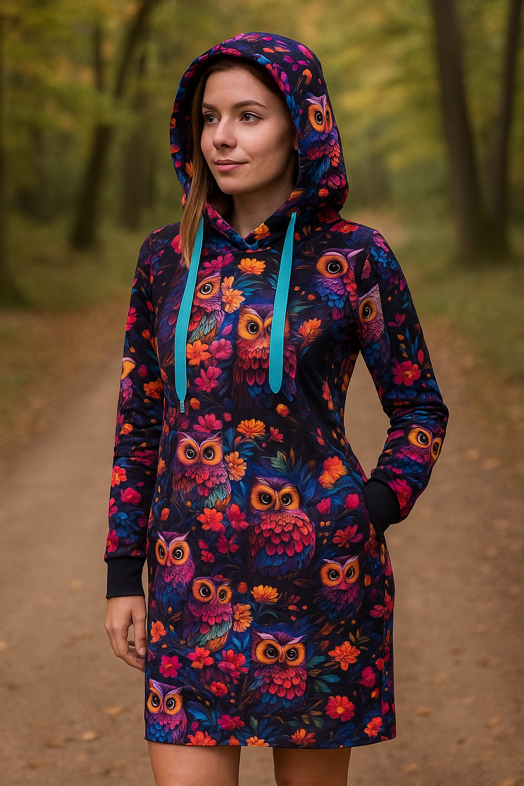 DÁMSKÉ HANDMADE MIKINOVÉ ŠATY BAREVNÉ SOVY VEL.38-40
