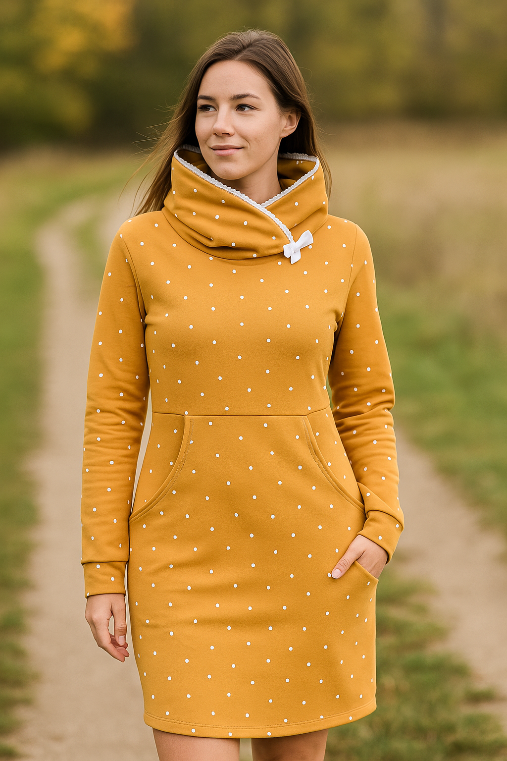 DÁMSKÉ HANDMADE MIKINOVÉ ŠATY PIN UP HOŘČICOVÝ PUNTÍK VEL.38-40