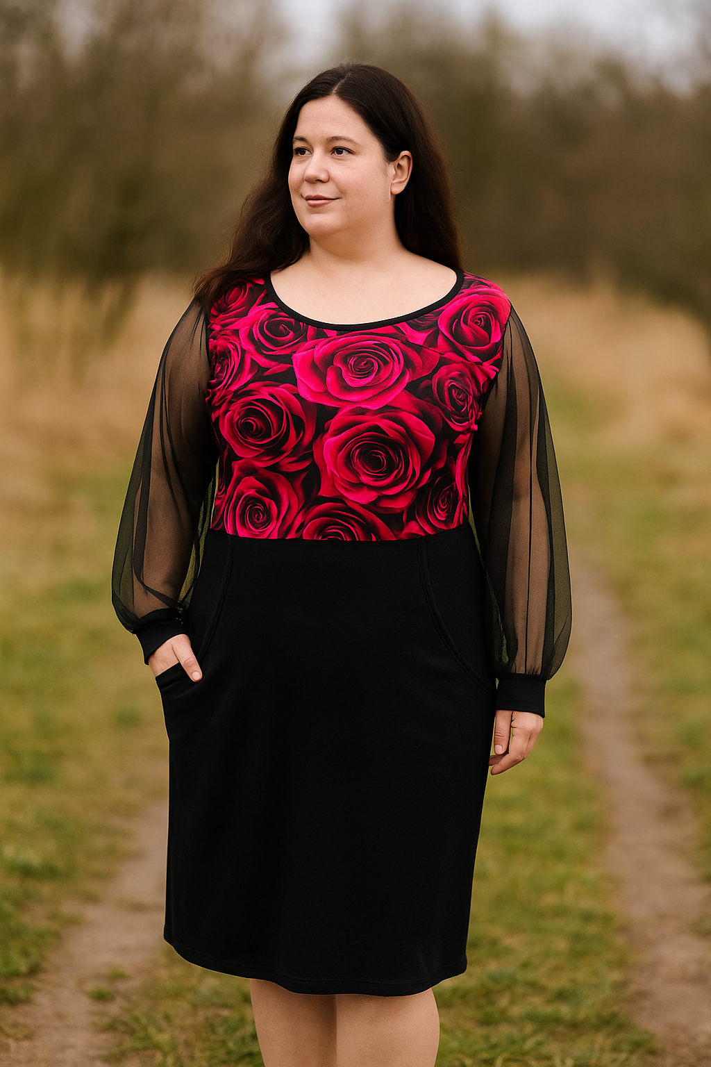 DÁMSKÉ HANDMADE MIKINOVÉ ŠATY AUDREY ČERVENÁ RŮŽE VEL.50-52