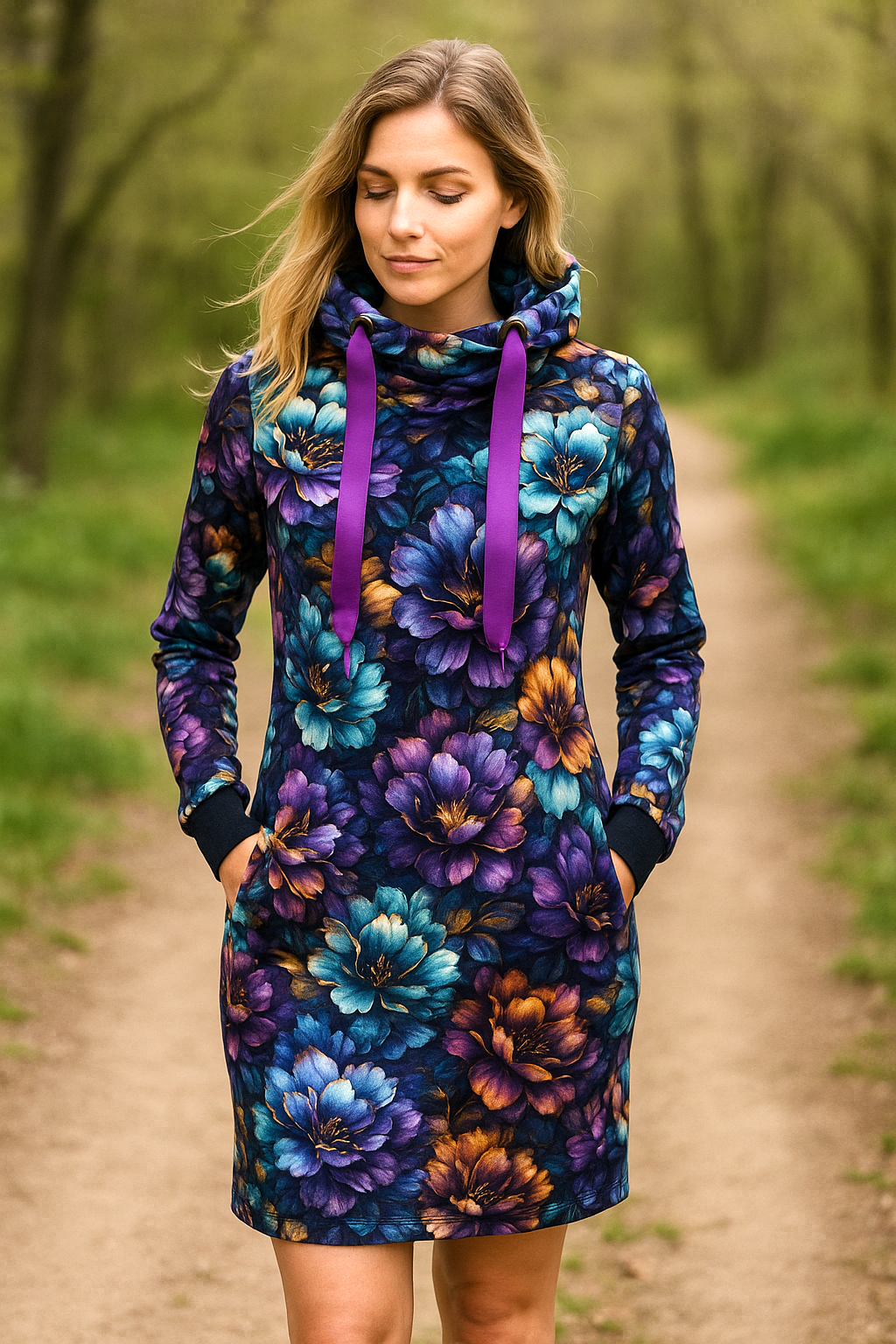 HANDMADE MIKINOVÉ ŠATY FIALOVÉ KVĚTY VEL.48-50