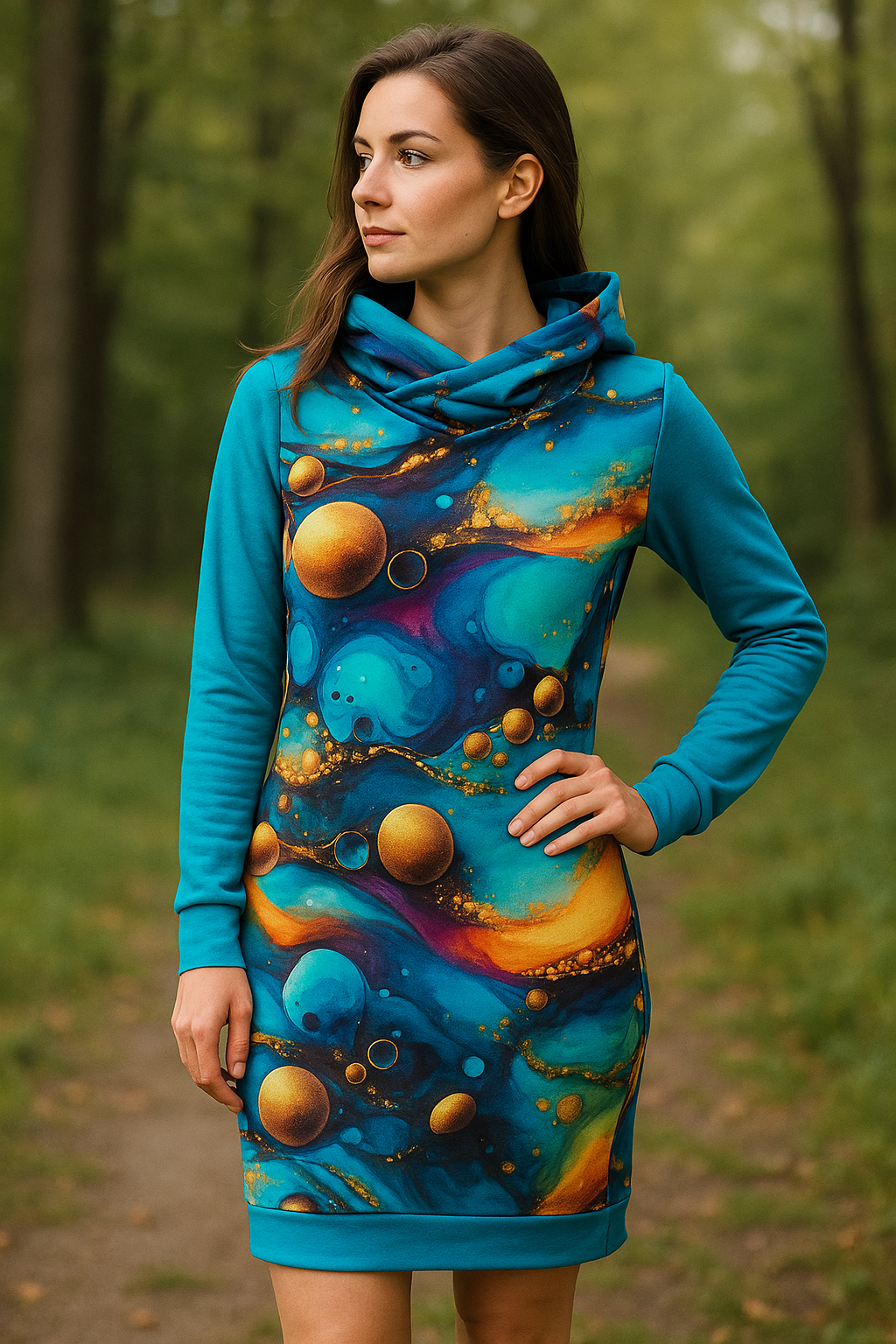 HANDMADE MIKINOVÉ ŠATY BAREVNÝ ABSTRAKT VEL.48-50