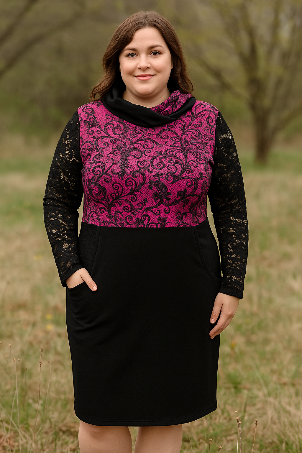 DÁMSKÉ HANDMADE MIKINOVÉ ŠATY AUDREY FUCHSIOVÁ KRAJKA VEL.48-50
