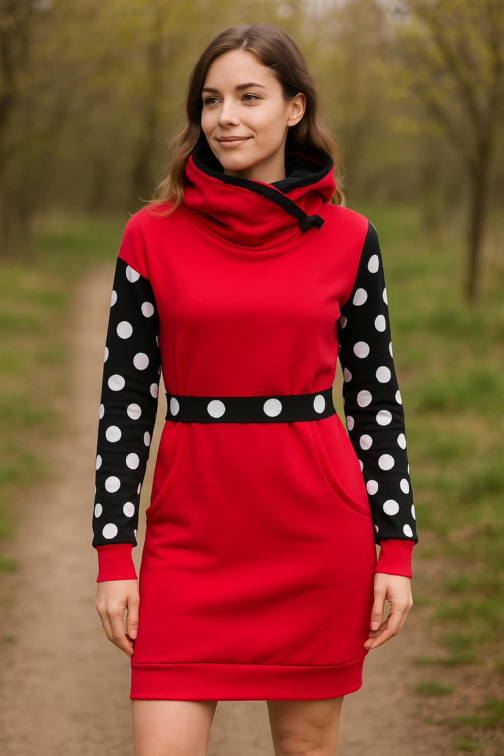 DÁMSKÉ HANDMADE MIKINOVÉ ŠATY PIN UP ČERVENÉ S PUNTÍKEM VEL.44-46