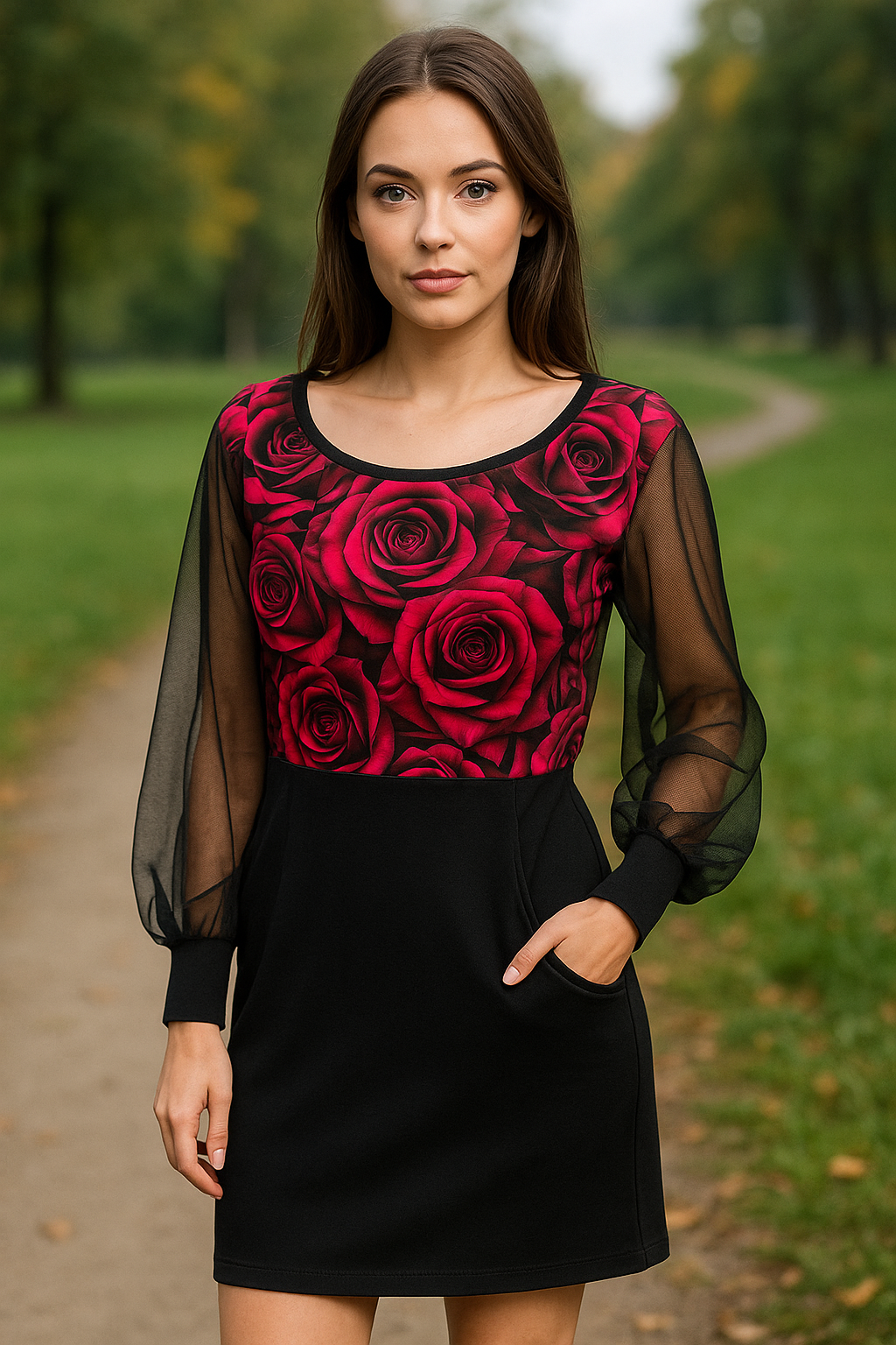 DÁMSKÉ HANDMADE MIKINOVÉ ŠATY AUDREY ČERVENÉ RŮŽE VEL.40-42