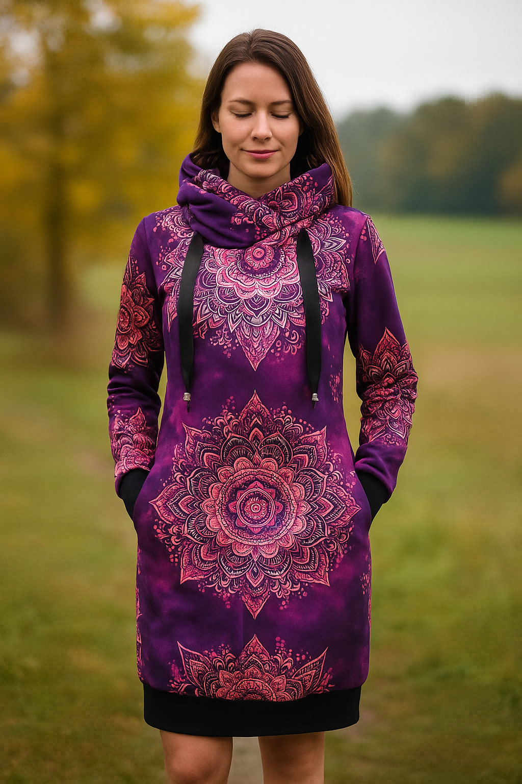 DÁMSKÉ HANDMADE MIKINOVÉ ŠATY FIALOVÁ MANDALA VEL.38-40