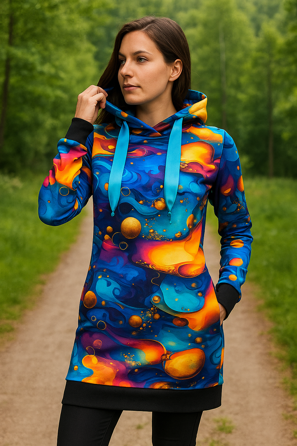 DÁMSKÉ HANDMADE MIKINOVÉ ŠATY BAREVNÝ ABSTRAKT VEL.38-40