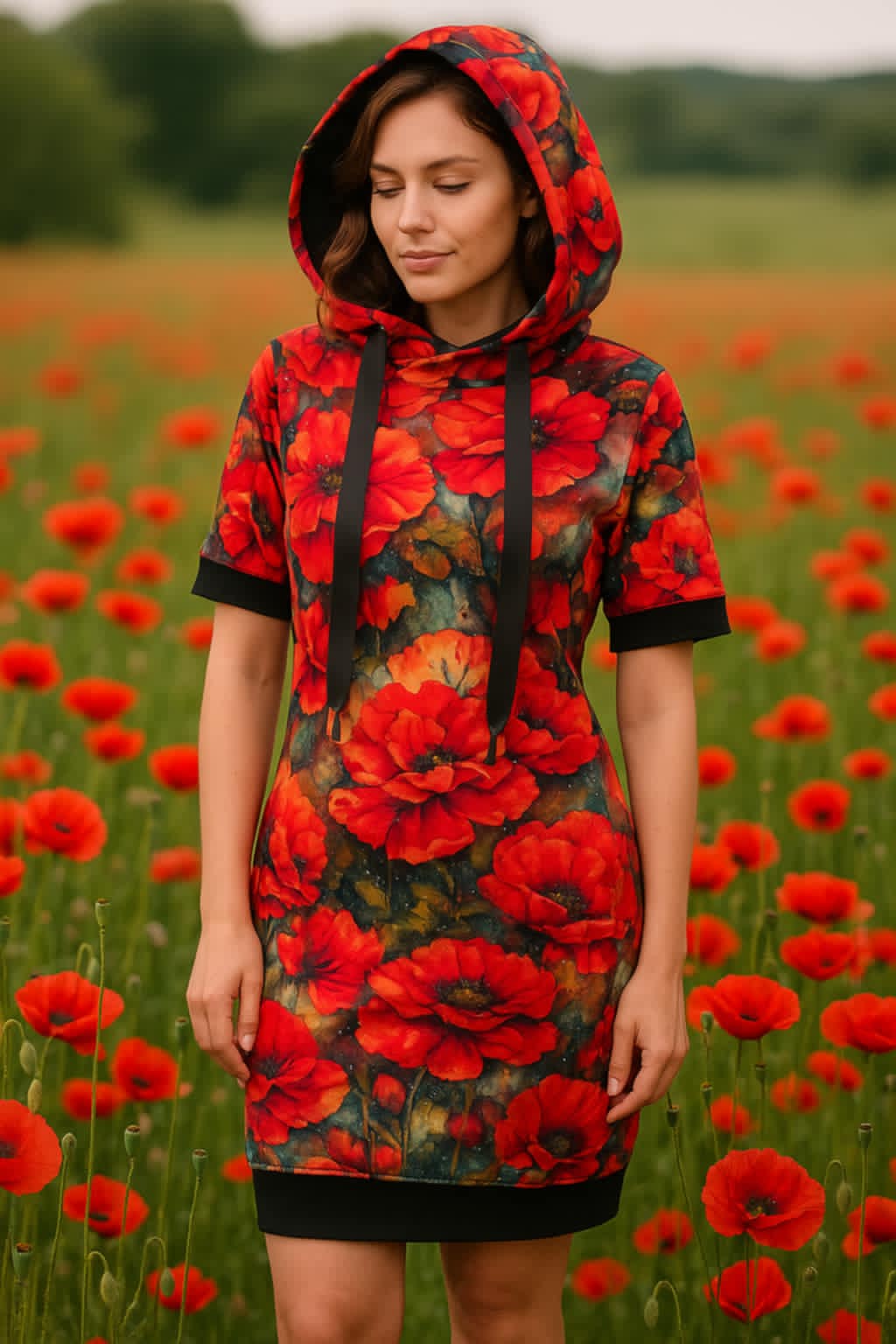 DÁMSKÉ HANDMADE MIKINOVÉ ŠATY  VLČÍ MÁKY VEL.50-52