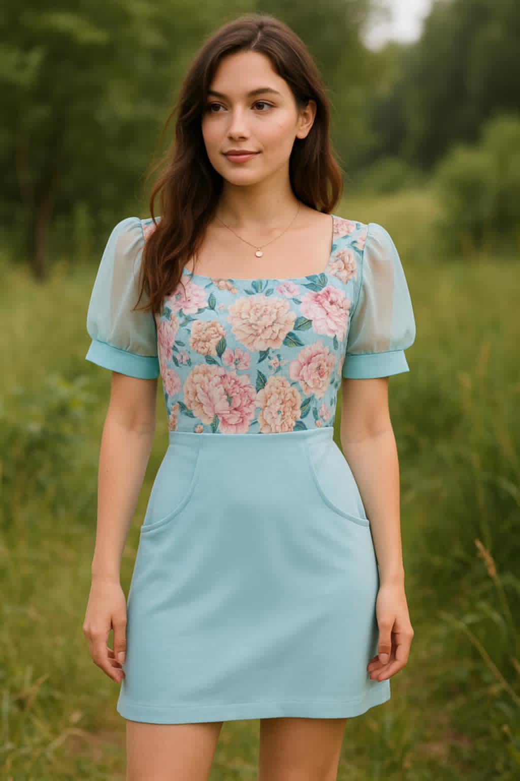 DÁMSKÉ HANDMADE AUDREY ŠATY MINT KVĚTY VEL.40-42