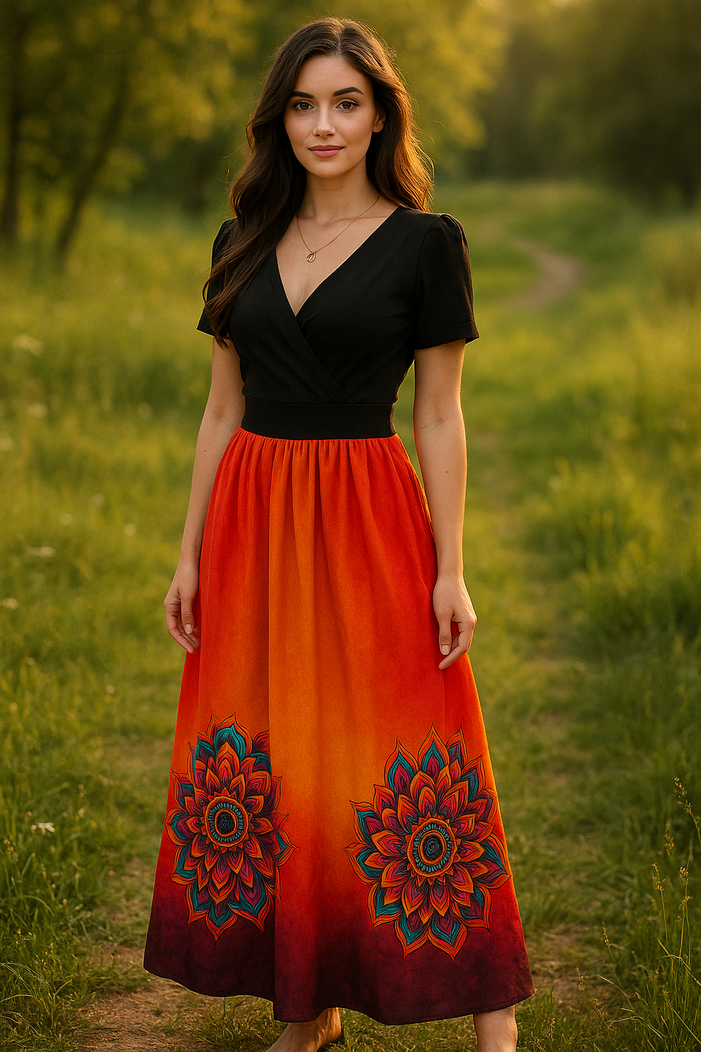DÁMSKÉ HANDMADE ŠATY DLOUHÉ MARYLYN SLUNEČNÍ MANDALA VEL.40-42