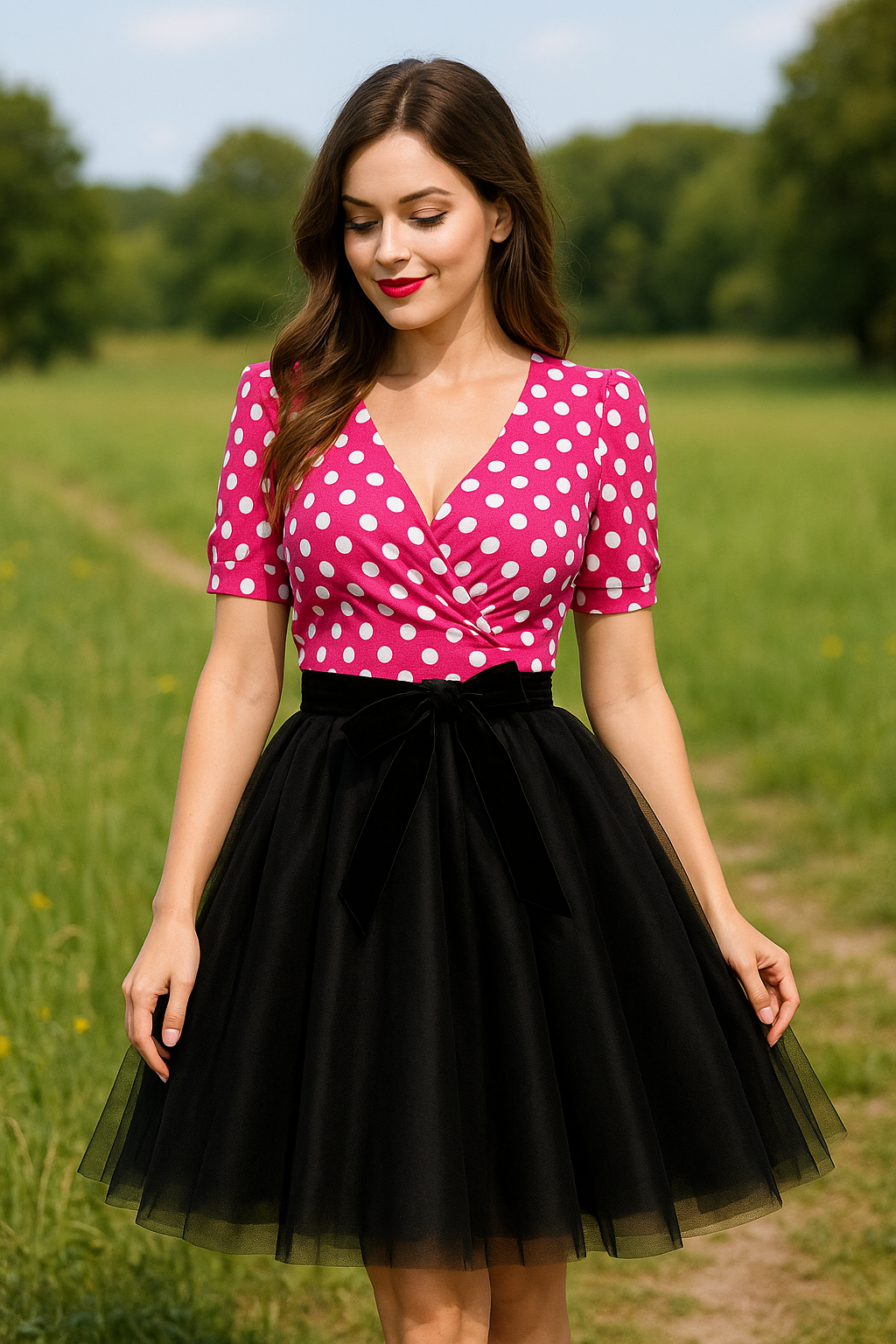 DÁMSKÉ HANDMADE ŠATY DOLLY TYLOVÉ FUCHSIOVÝ PUNTÍK VEL.38-40