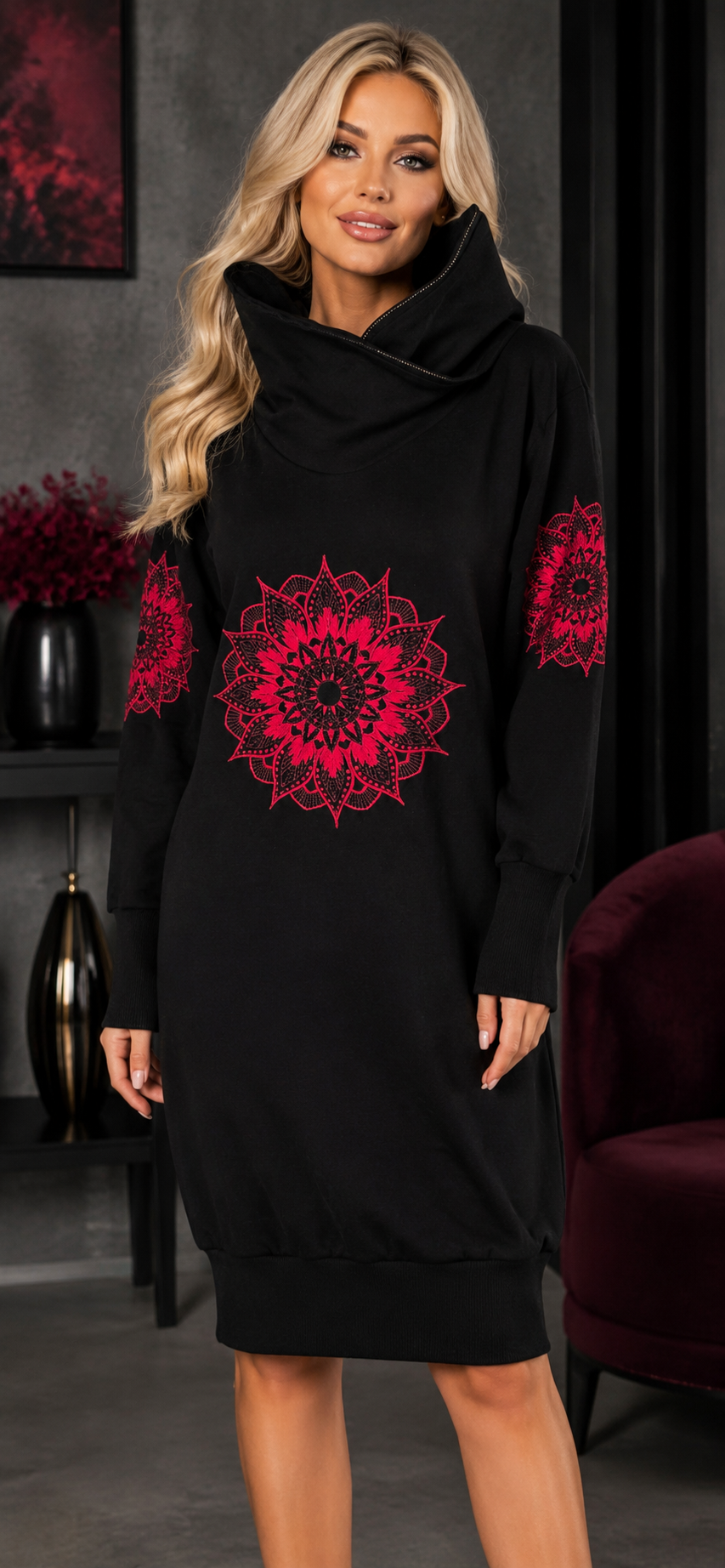 DÁMSKÉ HANDMADE MIKINOVÉ ŠATY VYŠÍVANÁ ČERVENÁ MANDALA VEL.48-50