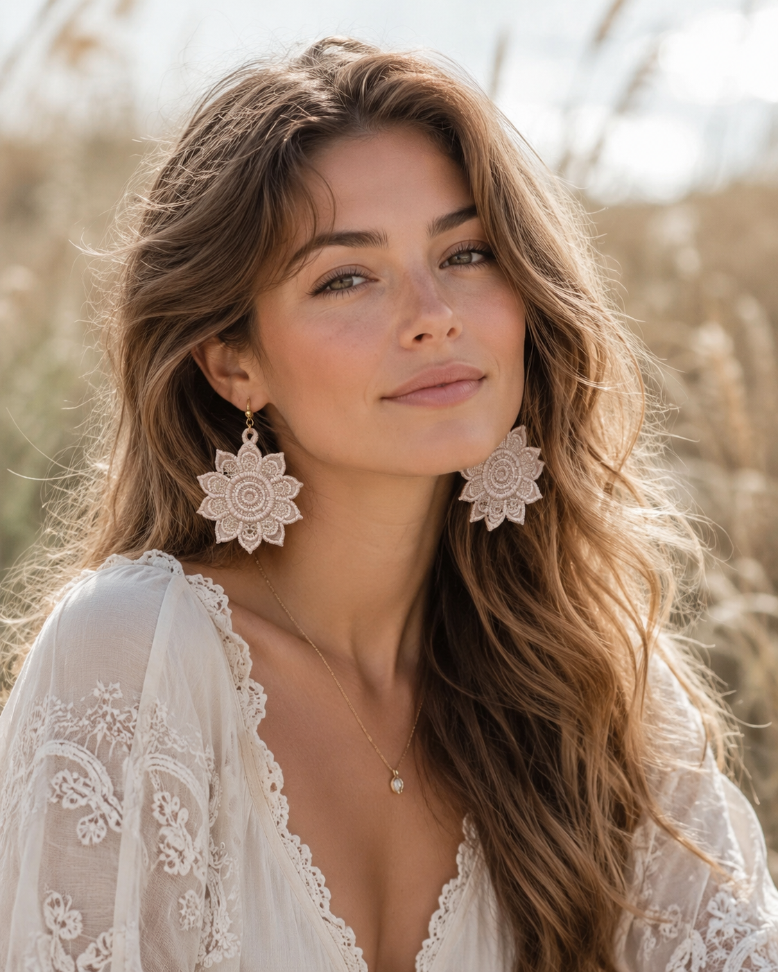 Vyšívané náušnice Boho mandala – béžové