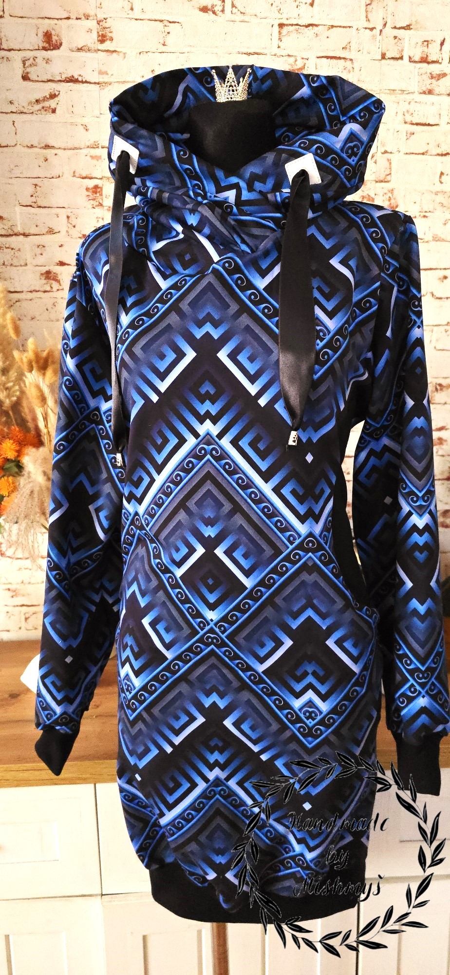 DÁMSKÉ HANDMADE MIKINOVÉ ŠATY MODRÝ VZOR VEL.48-50